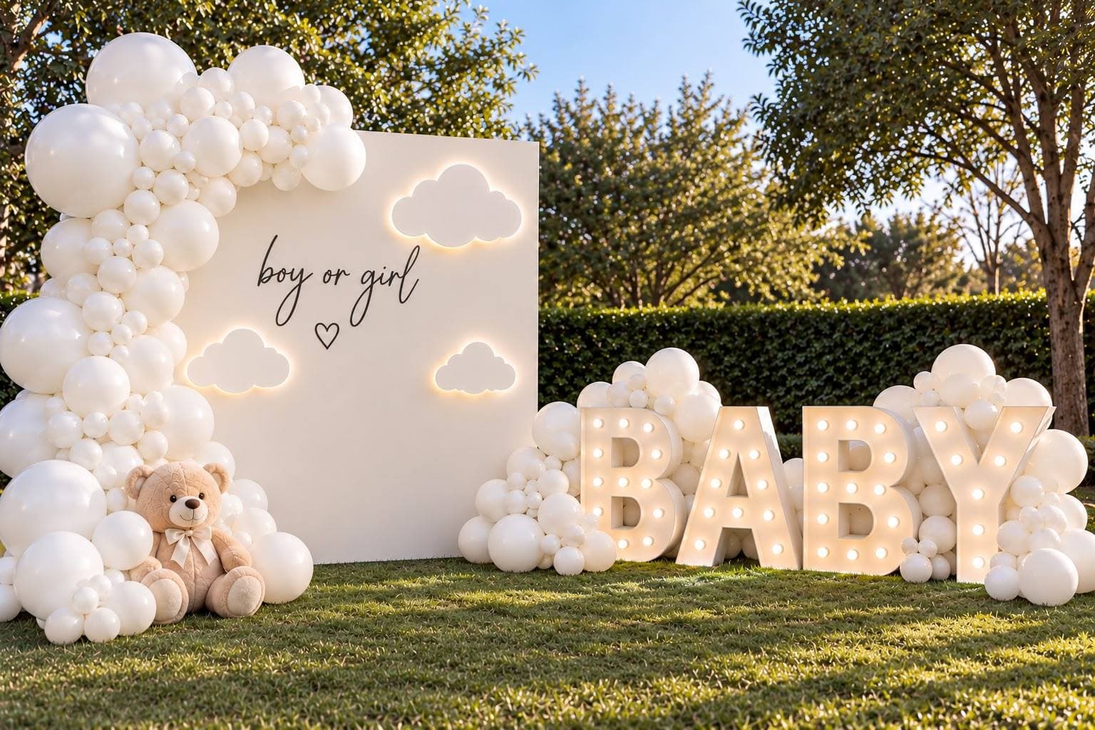 Cream gender-reveal panel with 'boy or girl' script and backlit cloud accents, wrapped in an all-white balloon garland beside illuminated BABY marquee letters and a teddy bear on the lawn at golden hour